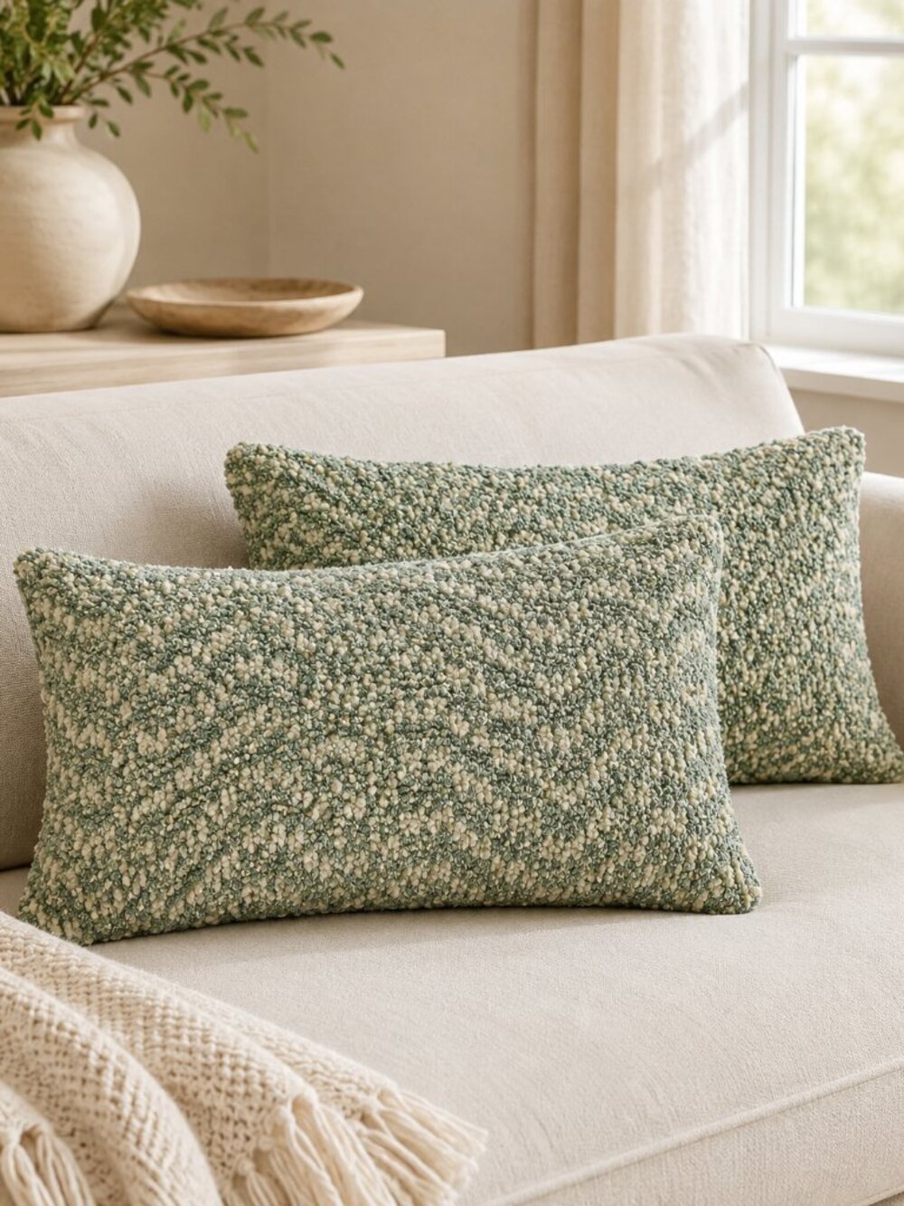 New Set of 2 Green White Textured Cushion Covers 12x20